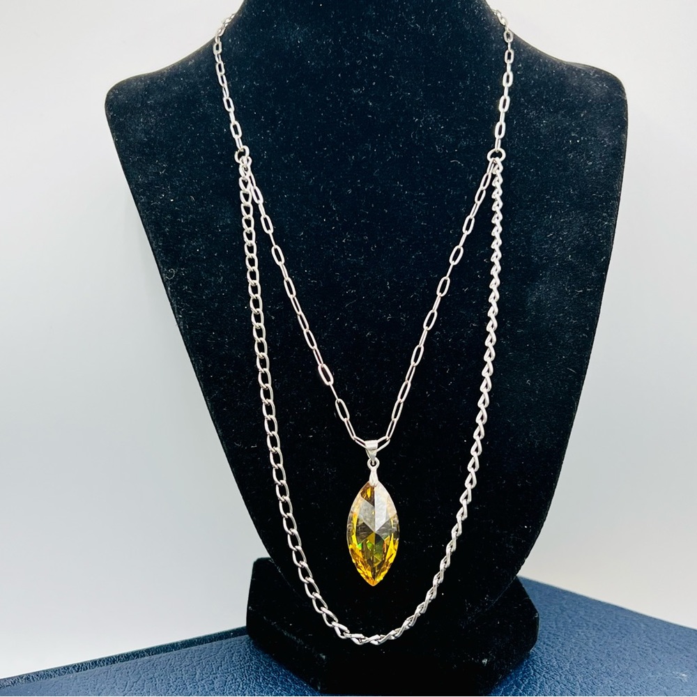 Artisan silver tone chain yellow crystal pendant 22” beautiful unique